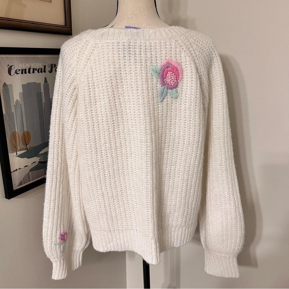 LoveShackFancy Embroidered Floral Button-Front Cardigan – Ivory, Size L - Picture 2 of 8